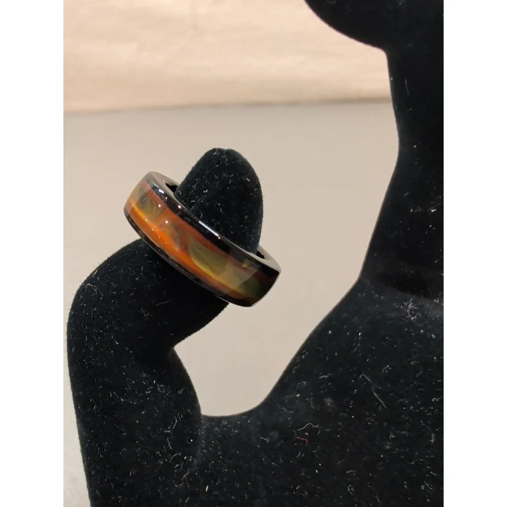 Tortoiseshell Resin Band Ring Black Amber Green Swirl Size 7 6mm Width